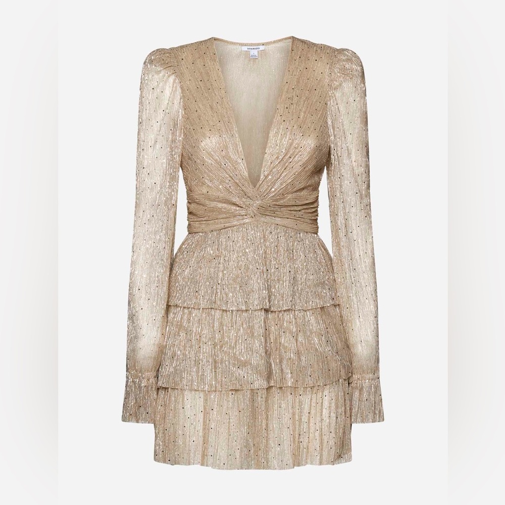 Sabina Musayev Felicie Lamé Metallic Gold Plunge Mini Dress Sz. M NWT Bridal